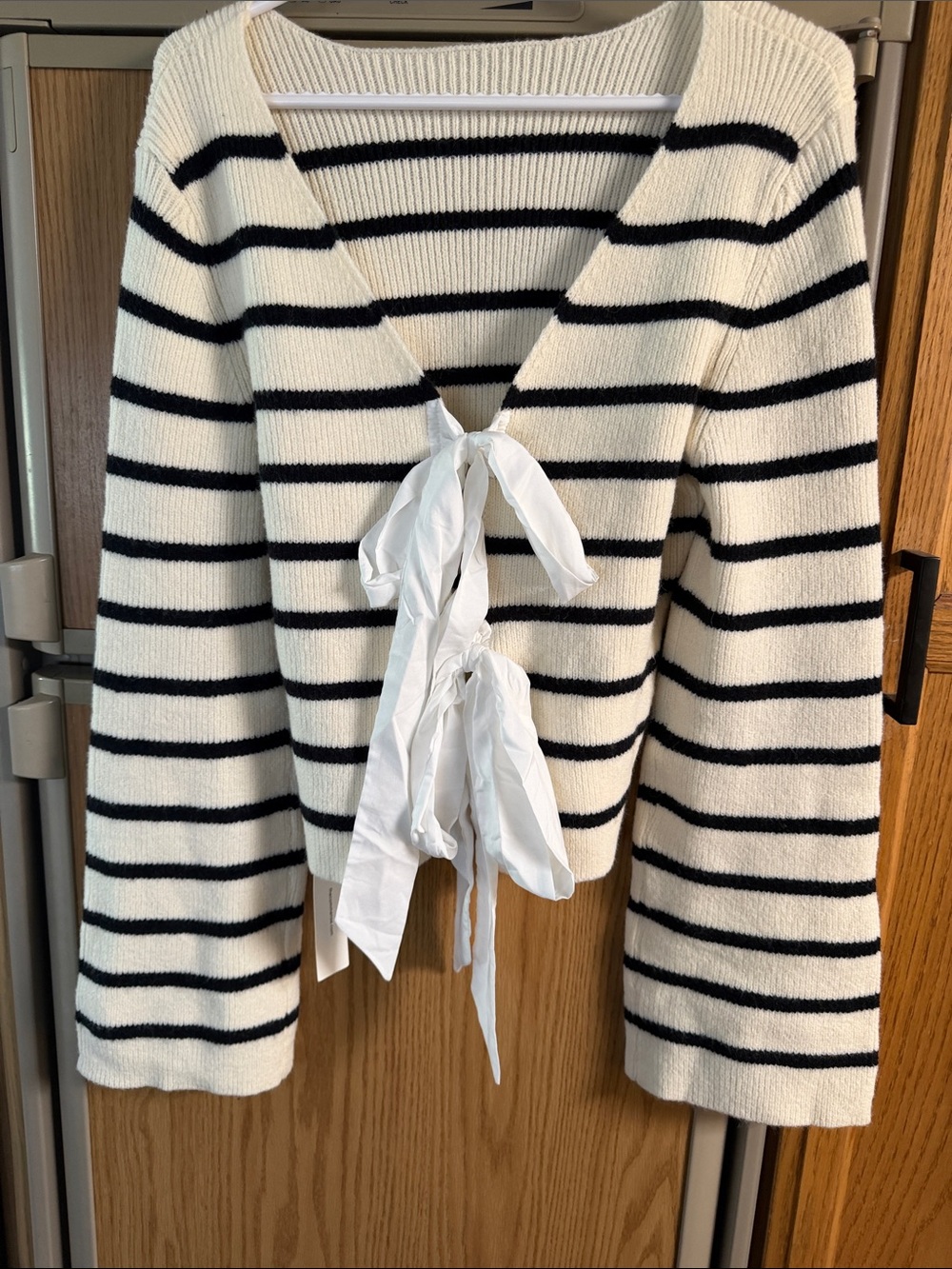 Commense Black & Cream Striped Tie-Front Sweater